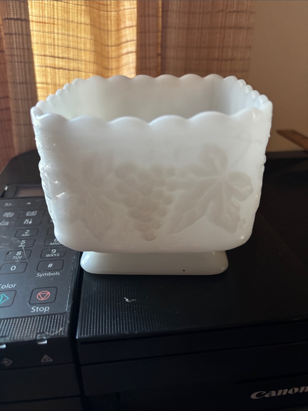 White Milk Glass Planter with Grape and Leaf Relief